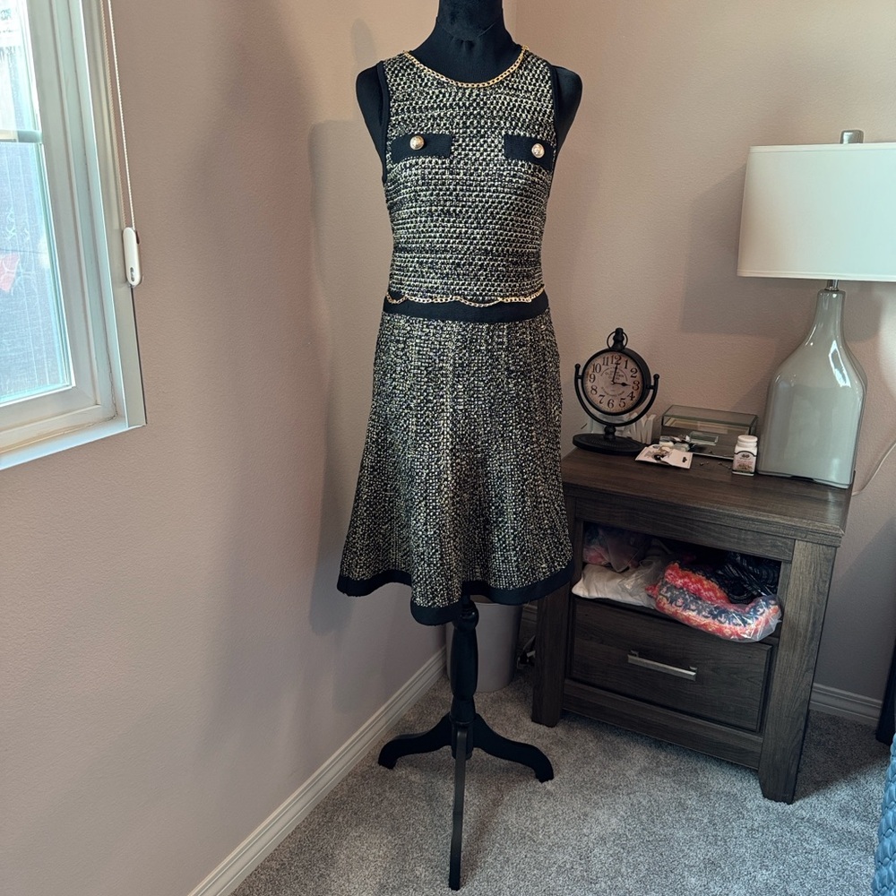 Karen Millen Tweed Knit Chain Detail Skater Dress